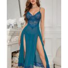 2 Pieces Contrast Lace V-Neck Spaghetti Strap Babydoll Sexy Sheer Mesh Slit Lingerie Set with Thong