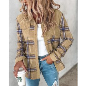 Colorblock Plaid Print Buttoned Corduroy Shacket
