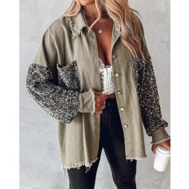   Casual Jacket Sequin Patchwork Long Sleeve Jacket Top Button Front Raw Hem Oversized Denim Shacket