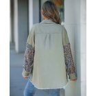 Casual Jacket Sequin Patchwork Long Sleeve Jacket Top Button Front Raw Hem Oversized Denim Shacket