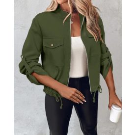 Flap Pocket Roll Tab Sleeve Drawstring Hem Zip Up Jacket