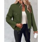 Flap Pocket Roll Tab Sleeve Drawstring Hem Zip Up Jacket