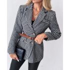 Houndstooth Pattern Double Breasted Blazer With Belt