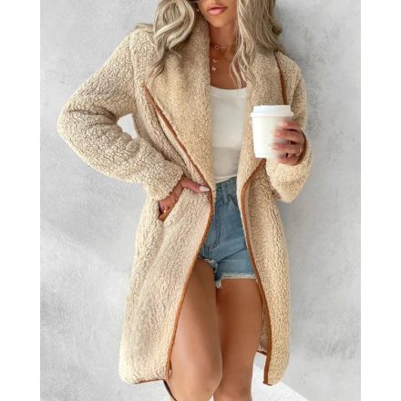 Contrast Binding Lapel Teddy Coat Open Front Longline Winter Outwear Jackets with Pockets