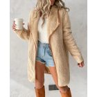 Contrast Binding Lapel Teddy Coat Open Front Longline Winter Outwear Jackets with Pockets