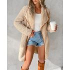 Contrast Binding Lapel Teddy Coat Open Front Longline Winter Outwear Jackets with Pockets