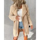 Contrast Binding Lapel Teddy Coat Open Front Longline Winter Outwear Jackets with Pockets