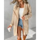 Contrast Binding Lapel Teddy Coat Open Front Longline Winter Outwear Jackets with Pockets