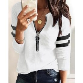   Striped Print Zipper Front Long Sleeve Top  Waffle Knit Loose Fitting Tunic Tops