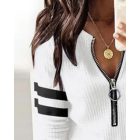 Striped Print Zipper Front Long Sleeve Top  Waffle Knit Loose Fitting Tunic Tops