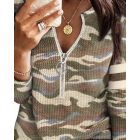 Waffle Knit Camouflage Print Round Neck Long Sleeve Front Zipper Tee Casual Top