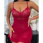 Contrast Lace V-Neck Spaghetti Strap Babydoll Sexy Sheer Mesh Bodycon Sleep Dress