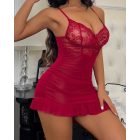 Contrast Lace V-Neck Spaghetti Strap Babydoll Sexy Sheer Mesh Bodycon Sleep Dress