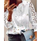 Lace Butterfly Print V-Neck Long Sleeve Patchwork Casual Blouse