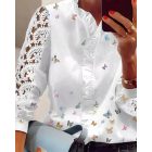 Lace Butterfly Print V-Neck Long Sleeve Patchwork Casual Blouse
