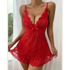 Lace Plunge V Neck Spaghetti Strap Sleepwear Sexy See Through Babydoll Chemise Set with Panties
