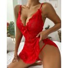 Lace Plunge V Neck Spaghetti Strap Sleepwear Sexy See Through Babydoll Chemise Set with Panties