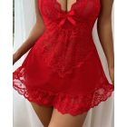 Lace Plunge V Neck Spaghetti Strap Sleepwear Sexy See Through Babydoll Chemise Set with Panties