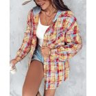 Colorblock Plaid Print Hooded Distressed Button Front Coat Shacket