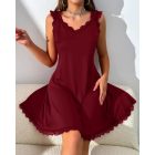V Neck Contrast Lace Eyelet Embroidery Babydolls Sexy Backless Slit Sleep Dress