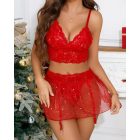 3 Pieces Lingerie Set Lace V Neck Spaghetti Strap Bralette and Pearl Decor See Through Mini Skirt with Thong