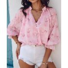 Glitter Lurex Floral Print Long Sleeve Blouse Front Button Casual Top