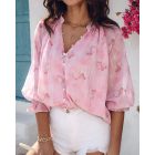 Glitter Lurex Floral Print Long Sleeve Blouse Front Button Casual Top