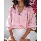 Glitter Lurex Floral Print Long Sleeve Blouse Front Button Casual Top