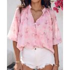 Glitter Lurex Floral Print Long Sleeve Blouse Front Button Casual Top