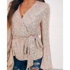 Tied Detail Lantern Sleeve Allover Sequins Top