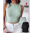 3 Piece Crewneck Racerback Ribbed Tank Tops Summer Basic Sleeveless Slim Fit Rib-knit Crop Tops
