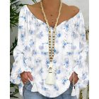 Floral Print Tassel Design Lantern Sleeve Shirred Blouse Casual Top