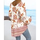 Tribal Print Tassel Design Lantern Sleeve Shirred Blouse Casual Top